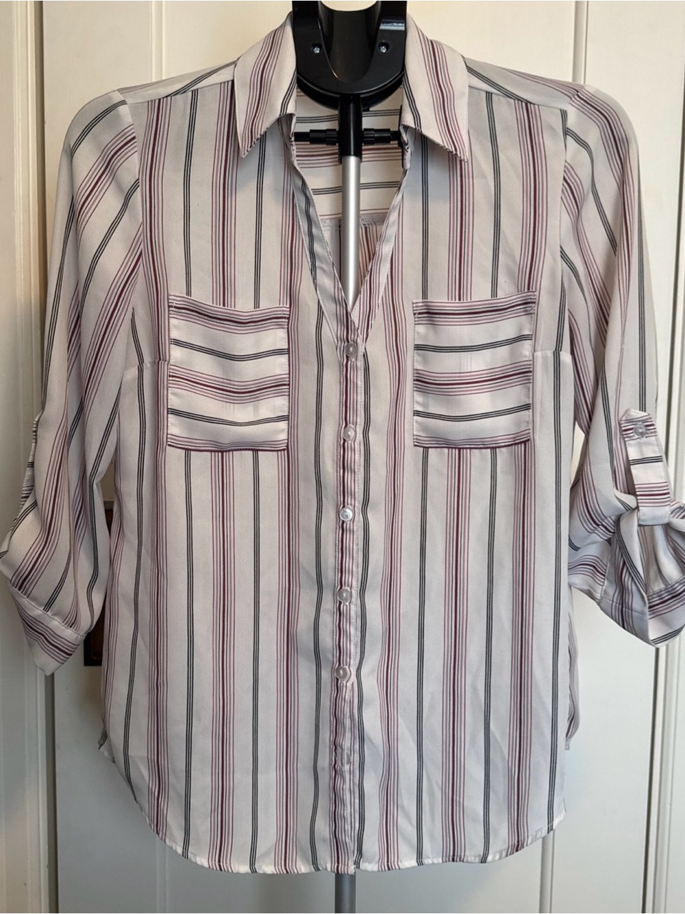 A. Byer Women’s Medium Striped Button Down Blouse Roll Tab 3/4 Sleeve Pockets